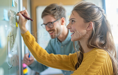 Buy stock photo Student, smile and board with learn in classroom for education with teacher for growth with writing. Development, understanding and instruct for knowledge or problem solving with happiness for study.