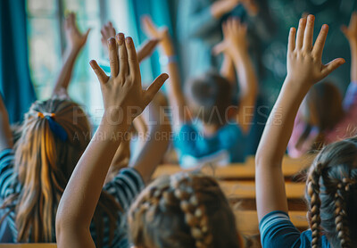 Buy stock photo Back of children, classroom and raise hands for questions, education or learning advice with creative quiz in school. Youth, group or smart students with yes for teaching and support, ideas or answer