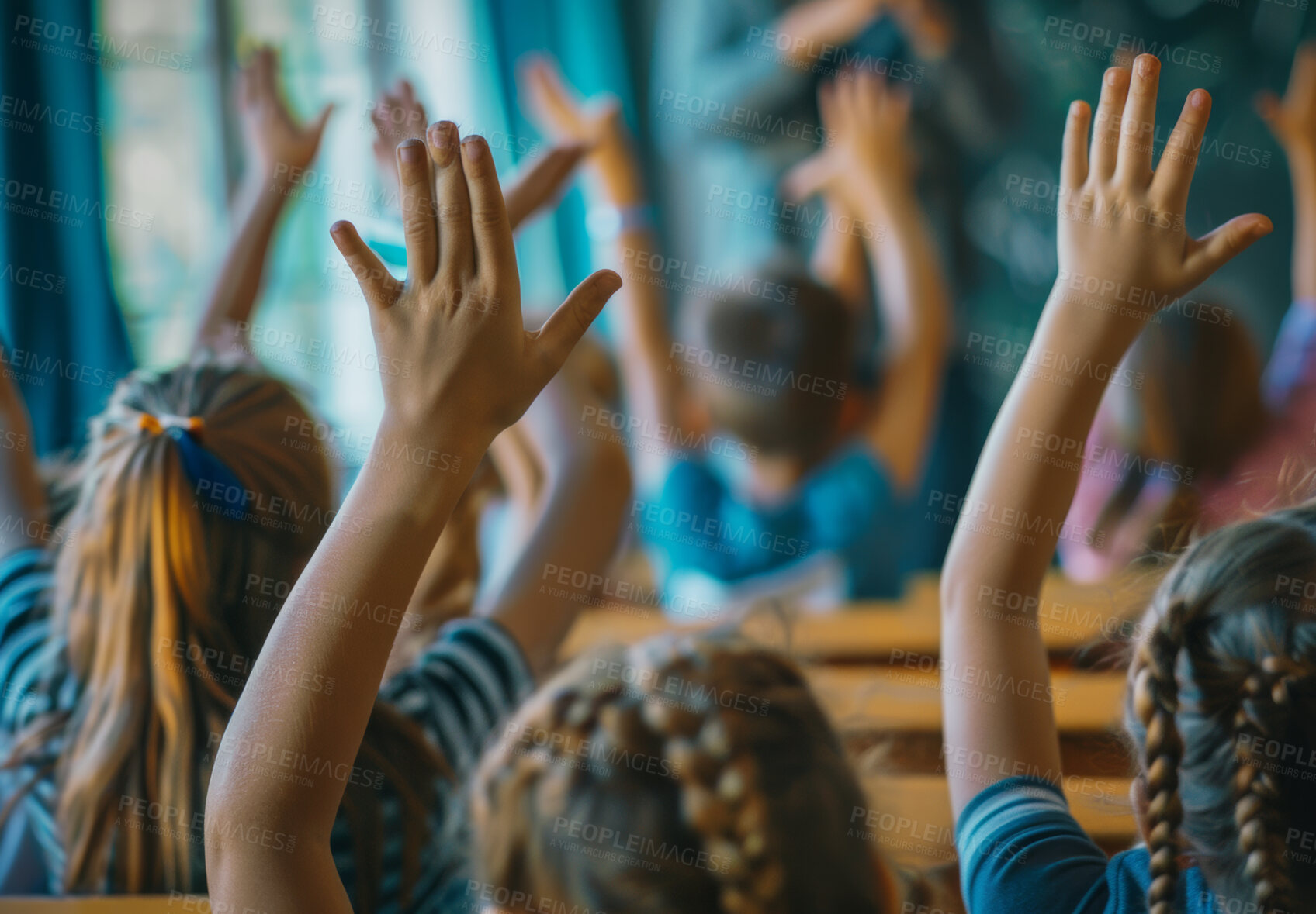 Buy stock photo Back of children, classroom and raise hands for questions, education or learning advice with creative quiz in school. Youth, group or smart students with yes for teaching and support, ideas or answer