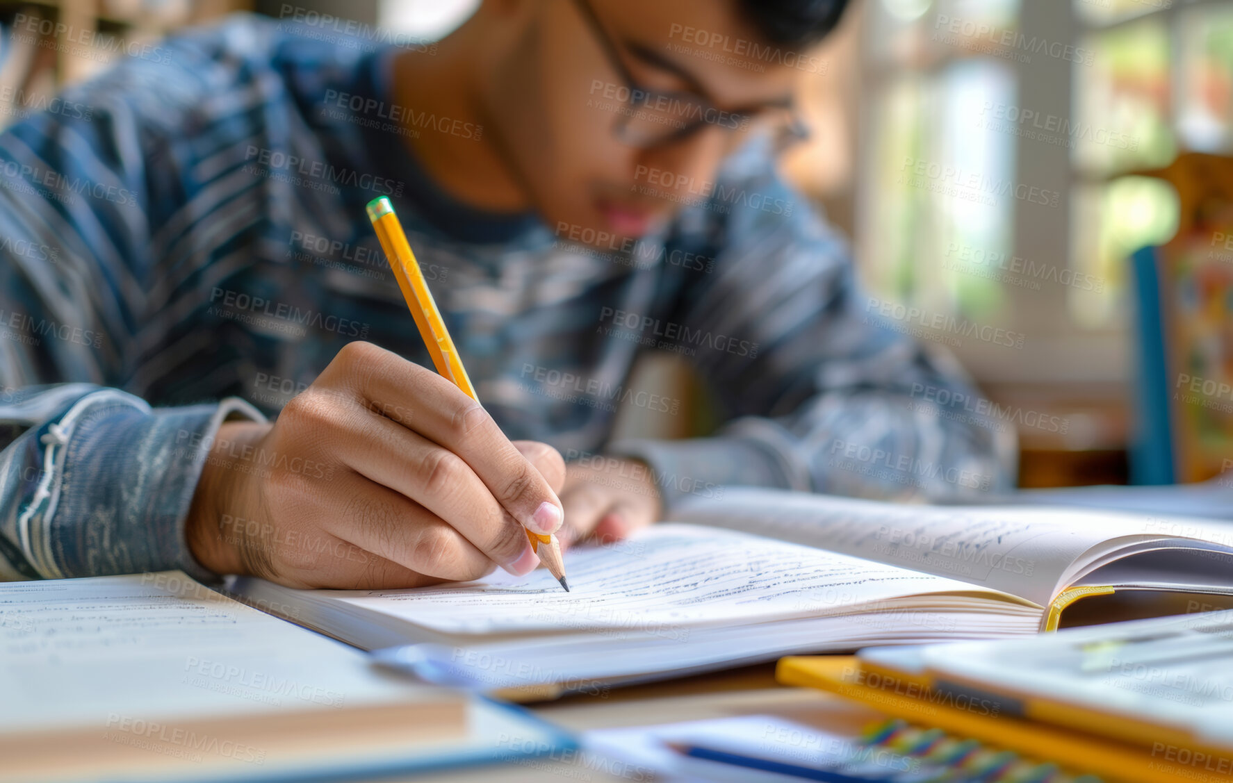 Buy stock photo Boy, student and textbook research in classroom for university project, scholarship or learning. Male person, pencil and notes at college academy for school education or course, lesson or knowledge
