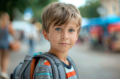 Buy stock photo Portrait, boy and backpack at school for education, learn and student on campus. Face, home time or academic or knowledge or childhood development for pupil, scholar and young child person in academy