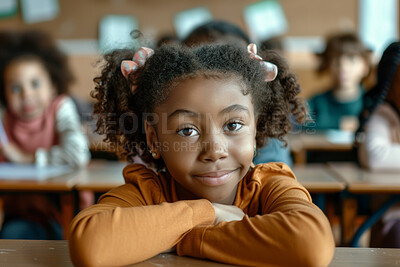 Buy stock photo Portrait, black girl and classroom for education, learn and student on campus. Face, smile and academic or knowledge for young female person in academy, pupil and study at desk in elementary school