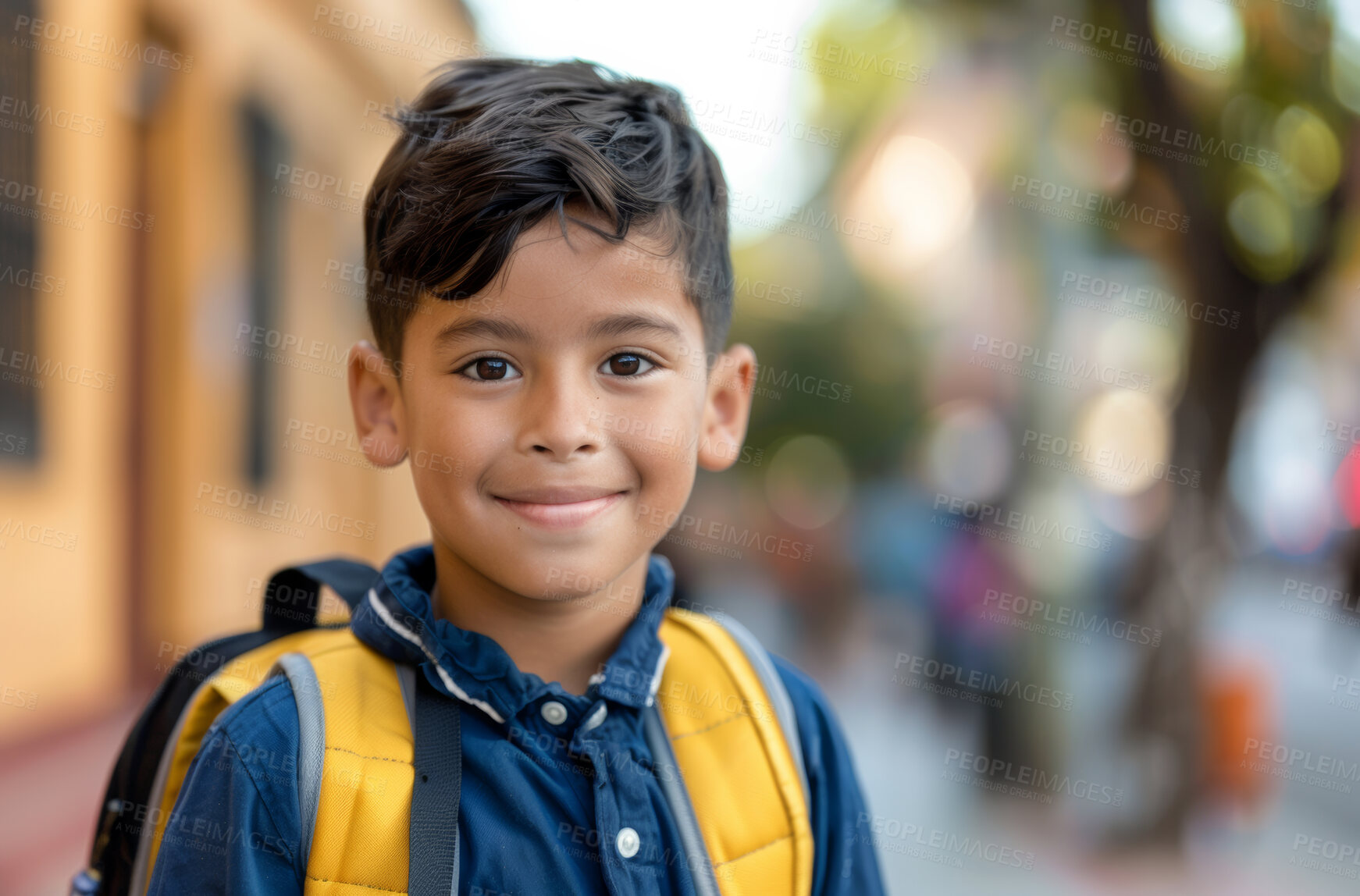 Buy stock photo School, children and portrait with student boy outdoor on street for education or learning. Backpack, face and scholarship with happy young kid as learner or pupil at academy for child development