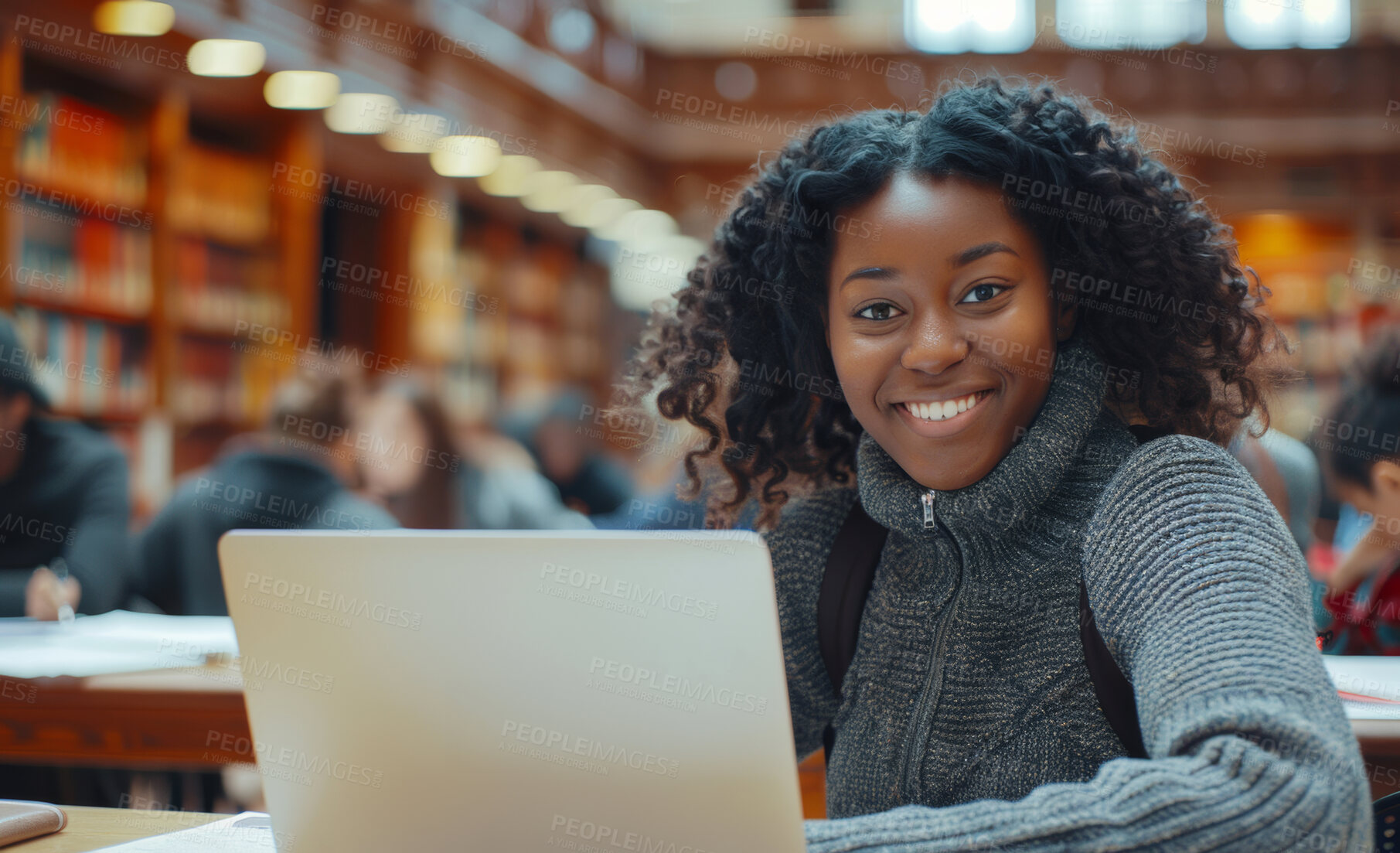 Buy stock photo Laptop, portrait and black woman research in library studying for university exam, assignment or test. Smile, technology or female student work on college project with computer in classroom at campus