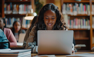 Buy stock photo Computer, research and woman in library for studying and read for university exam, assignment or test. Smile, technology and female student work on college project with laptop in classroom at campus.