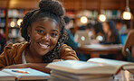 University, portrait and black woman with books for studying in library with exam, test or assignment. Smile, girl and college student work on education with scholarship for knowledge in class campus