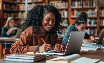 Buy stock photo Laptop, notes and woman writing in library studying for university exam, assignment or test. Smile, technology and female student working on college project with computer in classroom at campus.