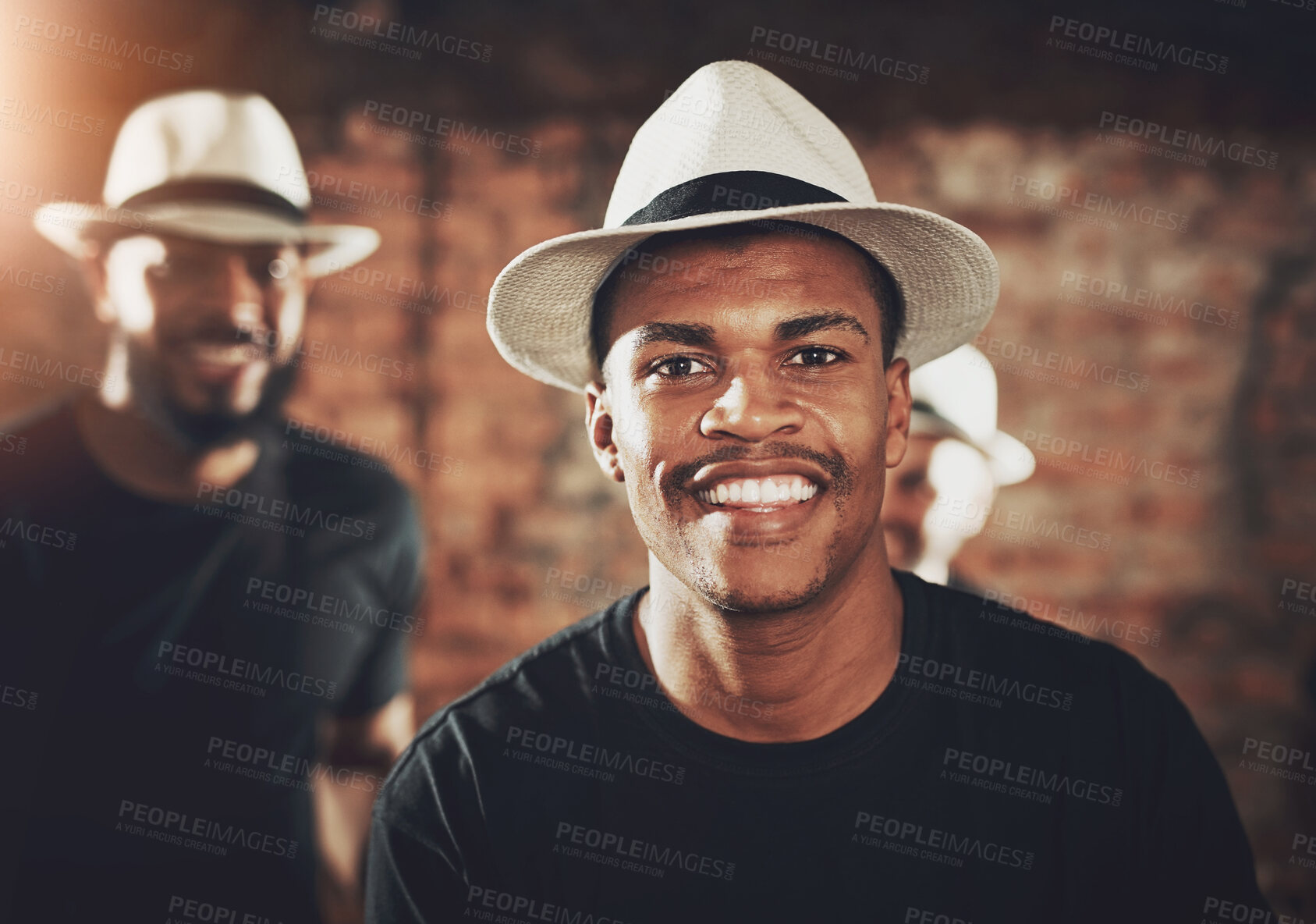 Buy stock photo Band, Brazil or carnival and portrait of man with friends in Rio de Janeiro for celebration, concert or culture at night. Face, party and smile with group of people for South America music festival