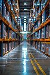 Interior, stock and warehouse with empty depot or facility for delivery, distribution or shipping. Inventory, storage and supply chain logistics with industrial plant for commercial wholesale