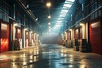 Interior, inventory and warehouse with empty depot or facility for delivery, distribution or shipping. Stock, storage and supply chain logistics with industrial plant for commercial wholesale