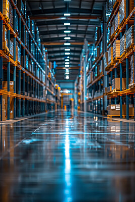 Buy stock photo Interior, storage and warehouse with empty facility or plant for delivery, distribution or shipping. Inventory, stock and supply chain logistics with depot for commercial or industrial wholesale