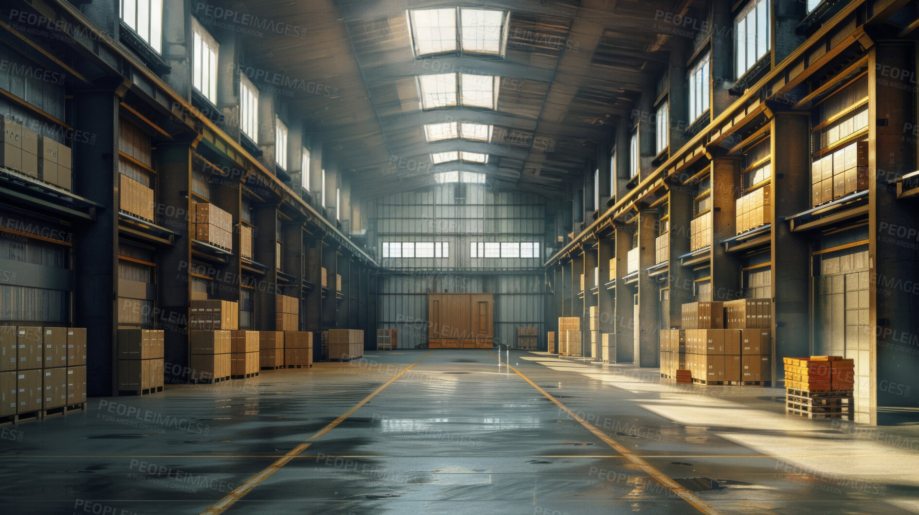 Buy stock photo Interior, storage and warehouse with empty depot or facility for delivery, distribution or shipping. Inventory, stock and supply chain logistics with industrial plant for commercial wholesale