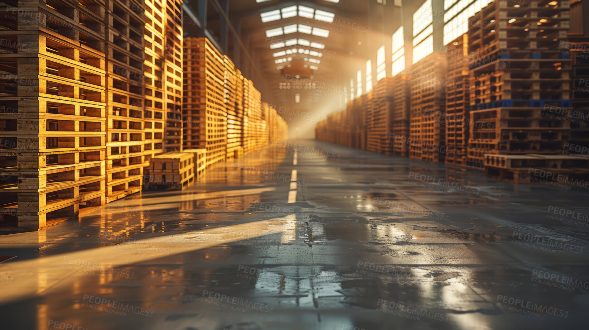 Buy stock photo Storehouse, pallet and storage with distribution, stack and wholesale logistics for supplier. Facility, shipment and freight for cargo, transportation and stock delivery with lumber warehouse