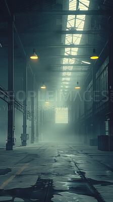 Buy stock photo Warehouse interior, abandoned and lights with smoke for real estate, manufacturing and building for storage. Industrial property, lamps and dust or vapor for horror with nightmare, scary and danger