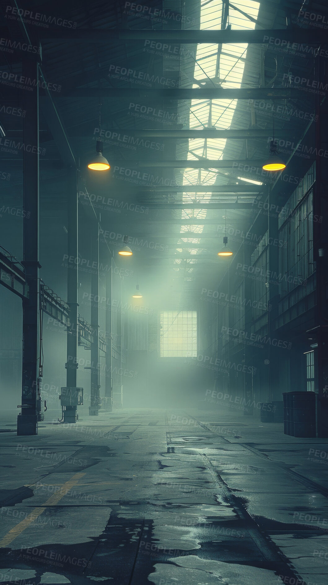 Buy stock photo Warehouse interior, abandoned and lights with smoke for real estate, manufacturing and building for storage. Industrial property, lamps and dust or vapor for horror with nightmare, scary and danger