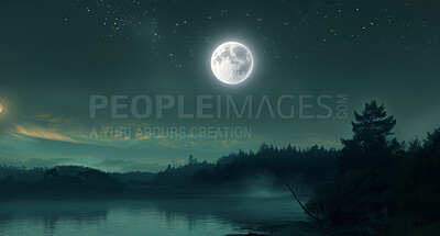 Buy stock photo Lake, forest and moon in nature of landscape, evening and Switzerland for travel, adventure and journey. Outdoor, tourism and hill for rock climbing, hike and trekking for vacation, trip or holiday
