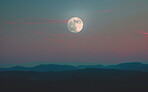 Valley, mountain and moon in nature of landscape, evening and Switzerland for travel, adventure and journey. Outdoor, tourism and hill for rock climbing, hike and trekking for vacation and holiday