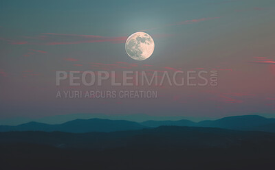 Buy stock photo Valley, mountain and moon in nature of landscape, evening and Switzerland for travel, adventure and journey. Outdoor, tourism and hill for rock climbing, hike and trekking for vacation and holiday