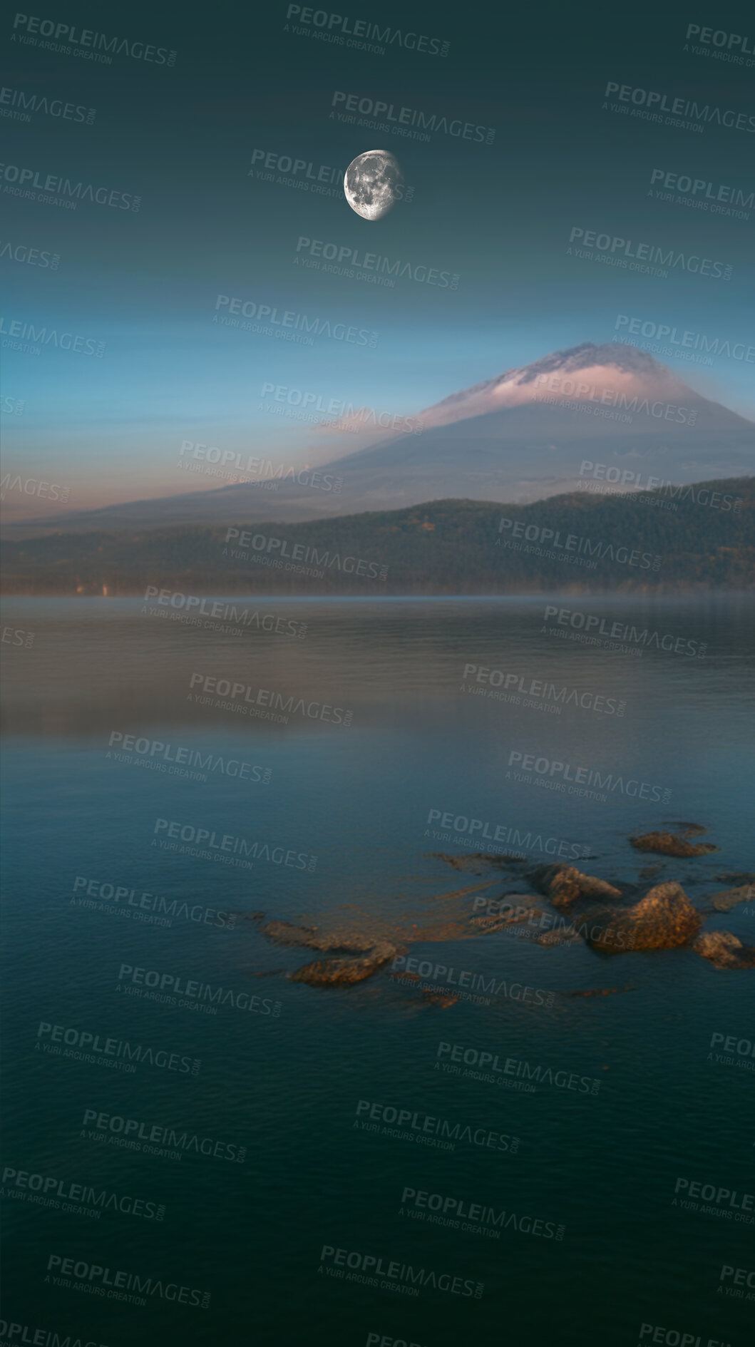 Buy stock photo Lake, mountain and moon in nature of landscape, evening and Switzerland for travel, adventure and journey. Outdoor, tourism and hill for environment, scenery and water for vacation, trip or holiday