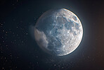 Moon, light and galaxy in dark, star and closeup of nature, science and universe of astronomy in sky. Black background, bokeh and glow of sphere, shine and planet of world, phase and orbit of earth