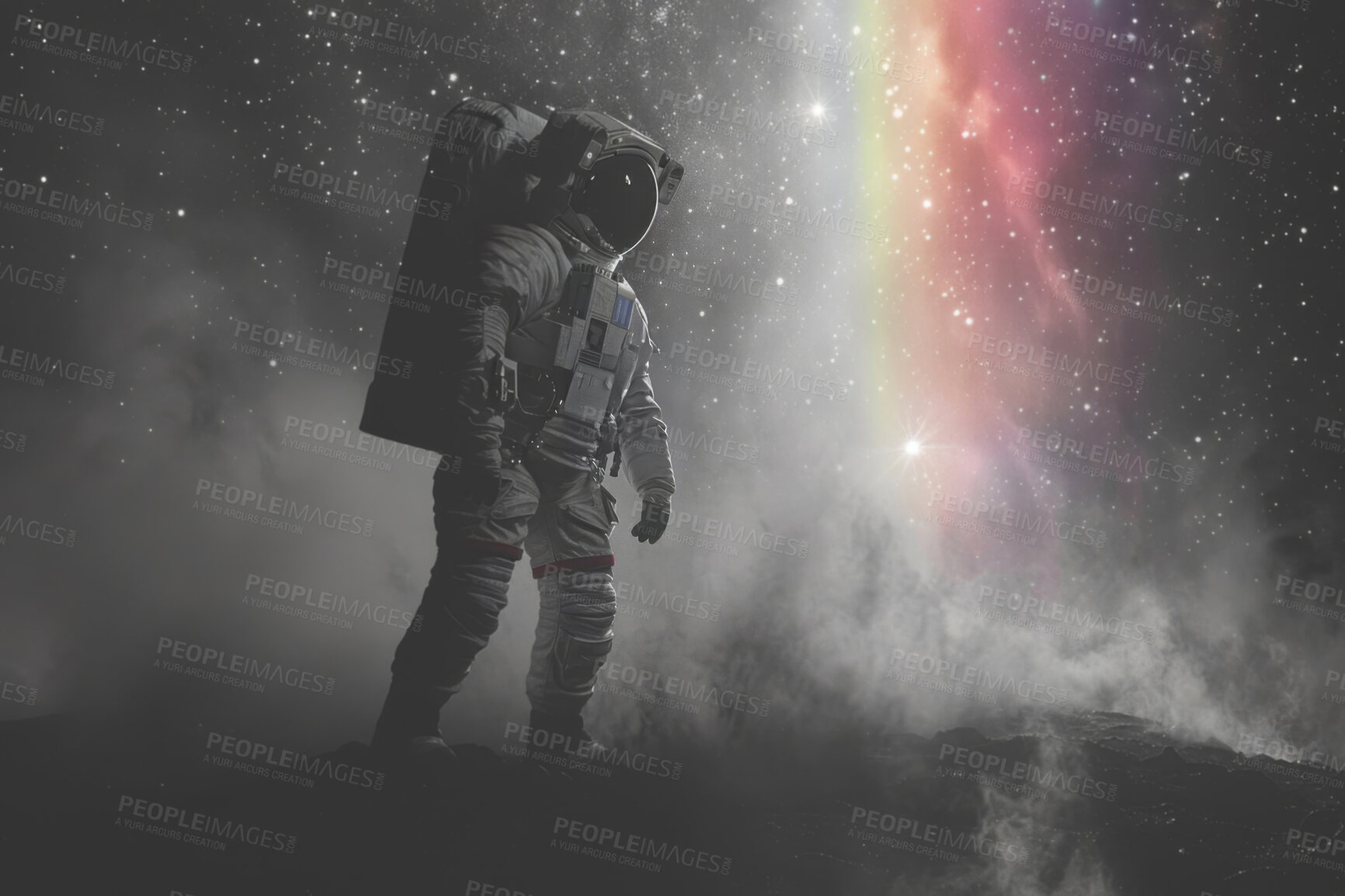 Buy stock photo Astronaut, space and rock surface with stars for explore in universe with rainbow, future and cosmos. Adventure, spacesuit and Mars race with galaxy, orbit and constellation for astronomy in nebula