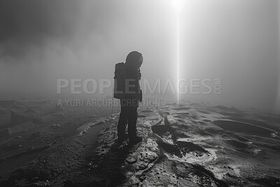 Buy stock photo Space, travel and astronaut on moon for future discovery, sci fi universe and monochrome light. Earth, aerospace mission and person in suit for adventure, research or science innovation with courage.