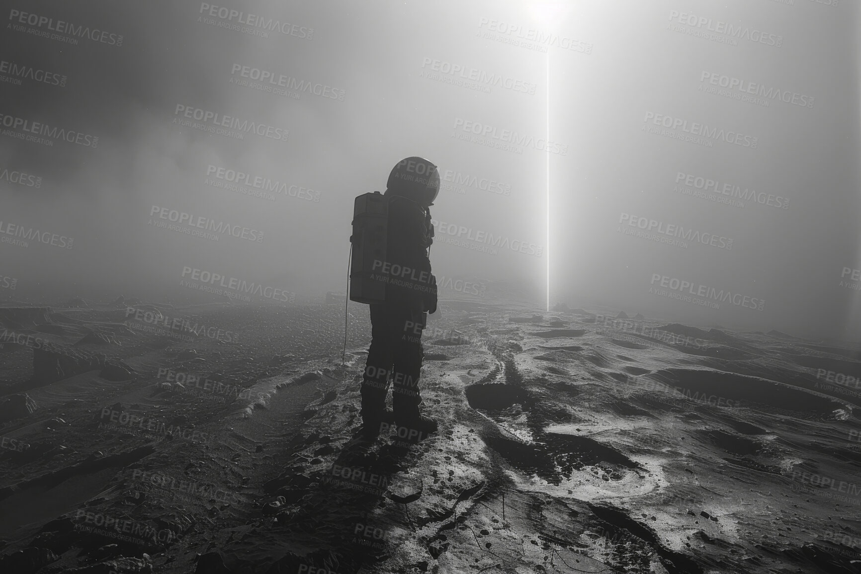 Buy stock photo Space, travel and astronaut on moon for future discovery, sci fi universe and monochrome light. Earth, aerospace mission and person in suit for adventure, research or science innovation with courage.