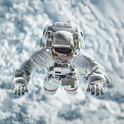 Space, travel and astronaut floating in clouds with helmet, future ...