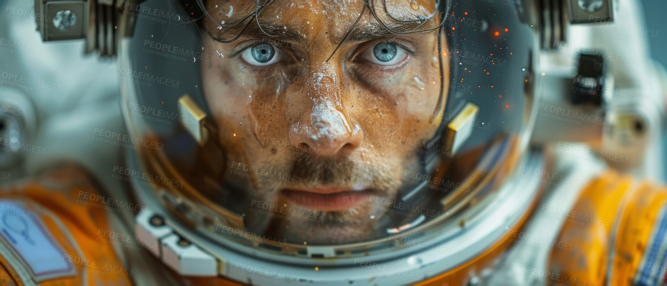 Buy stock photo Astronaut, space and helmet in portrait with eyes for explore in universe with unknown, future and cosmos. Spacesuit, adventure and rocket ship with galaxy, orbit and innovation for cosmic science.