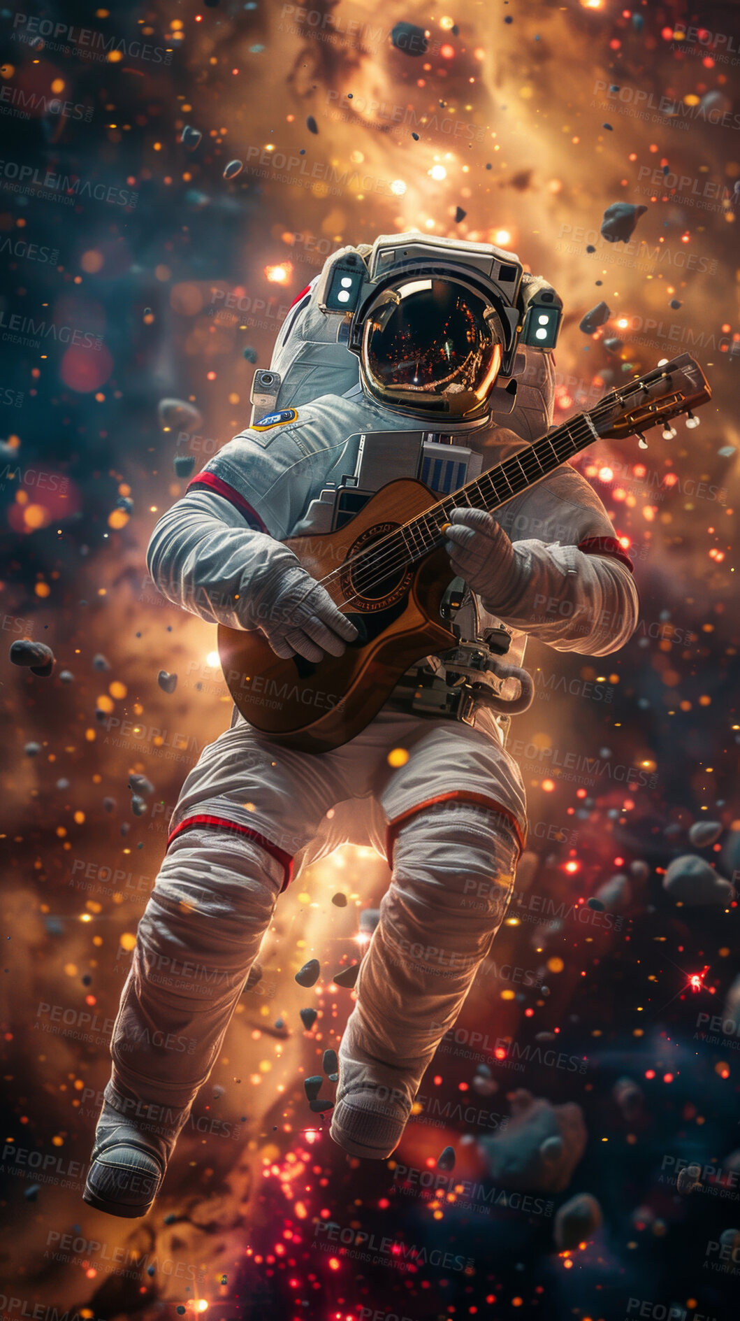 Buy stock photo Space, travel and astronaut with guitar, future discovery or sci fi universe with stars in galaxy. Earth, aerospace mission and person in suit for adventure, research or music in dust cloud in cosmos