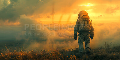 Buy stock photo Space, travel and astronaut on planet with sunset, nature and future discovery in sci fi universe. Clouds, aerospace mission and person in suit for adventure, research or science innovation from back