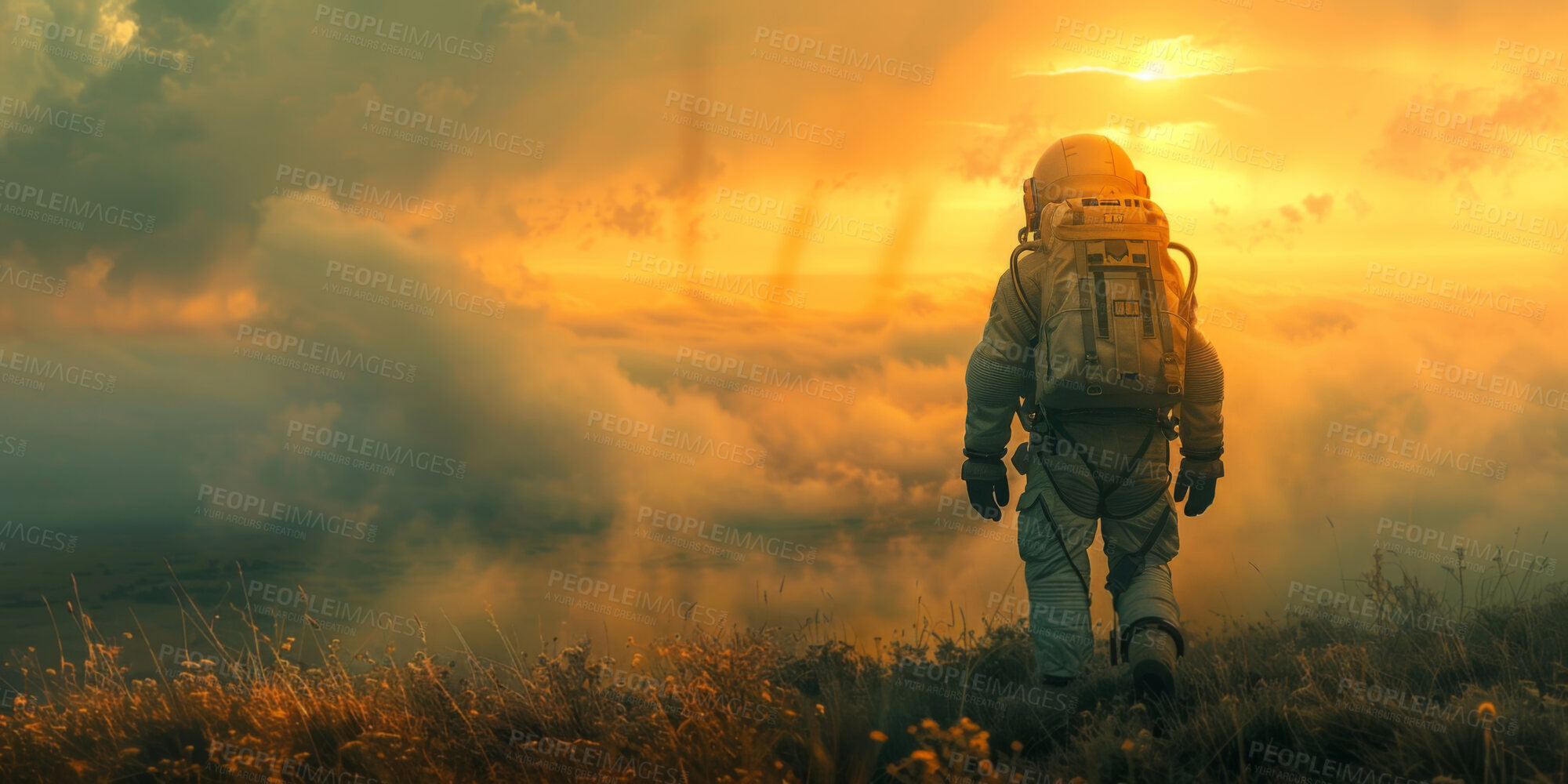 Buy stock photo Space, travel and astronaut on planet with sunset, nature and future discovery in sci fi universe. Clouds, aerospace mission and person in suit for adventure, research or science innovation from back