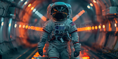 Buy stock photo Astronaut, spacecraft and interstellar travel as discovery or search to inhabited planet, explore or adventure. Person, suit and atmosphere as flight mission in helmet or journey, safety or aerospace