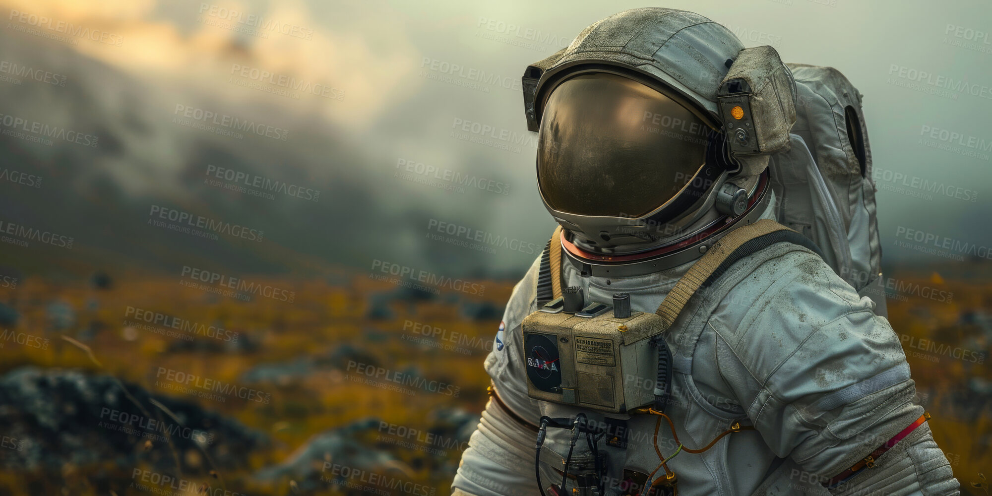 Buy stock photo Astronaut, spacesuit and walk for planet, research and explore in solar system or galaxy. Person, innovation and discovery of habitable home for interplanetary travel and future environment of mars