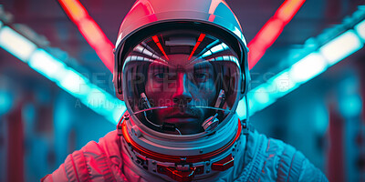 Buy stock photo Astronaut, spaceship and lights in portrait with technology for explore in universe with person in future. Cosmos, research and adventure with galaxy, orbit and constellation for science innovation