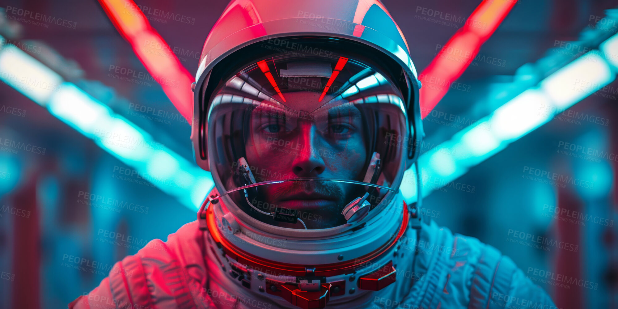 Buy stock photo Astronaut, spaceship and lights in portrait with technology for explore in universe with person in future. Cosmos, research and adventure with galaxy, orbit and constellation for science innovation