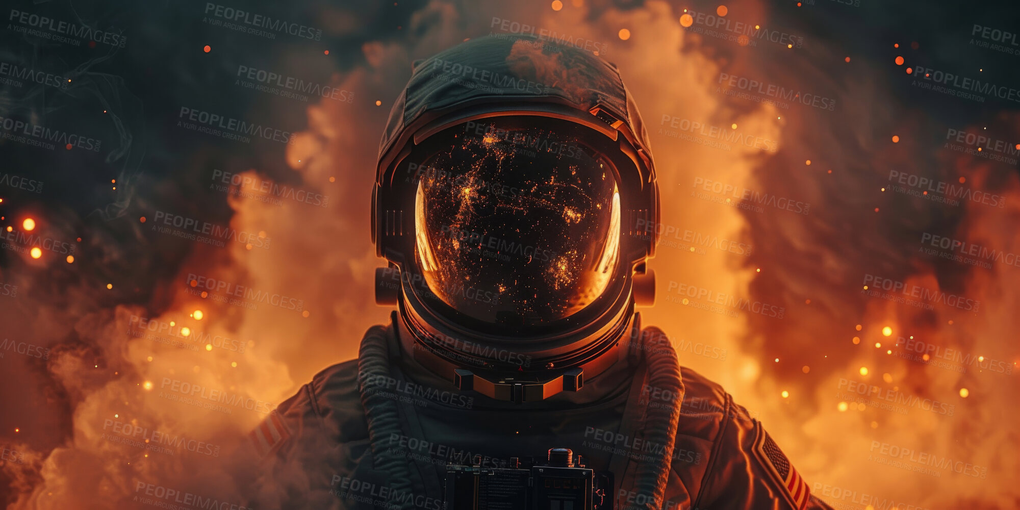 Buy stock photo Astronaut, fire and person in space for mission, galaxy exploration or cosmos research. Nebula, spacesuit and vessel pilot with sci fi costume for aerospace, planet discovery or universe voyage