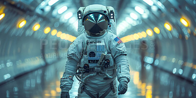 Buy stock photo Astronaut, helmet and walking in spaceship tunnel for launch, moon journey and mission for science research. Person, spacesuit and corridor of shuttle for adventure, protection and travel to planet