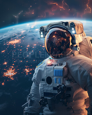 Buy stock photo Galaxy, planet and selfie of astronaut in space for discovery, exploration of solar system or mission. Stars, sky or universe with spaceman in helmet and suit for research, science or travel