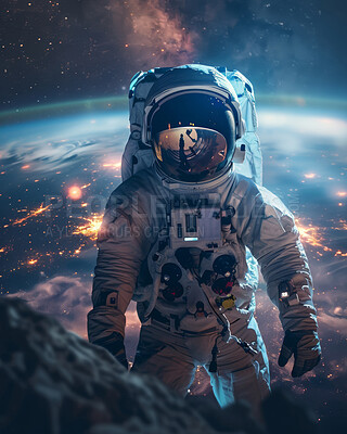 Buy stock photo Galaxy, stars and universe with astronaut in space for discovery, exploration of solar system or mission. Cosmos, planet or sky with spaceman in helmet and suit for research, science or travel