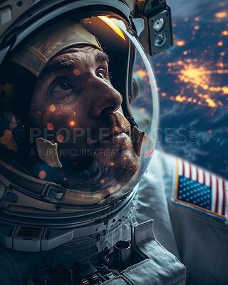 Buy stock photo Astronaut, planet and man with closeup for explore in universe with unknown future with cosmos. Spacesuit, destruction and end of world with galaxy, orbit and constellation for mission in outer space