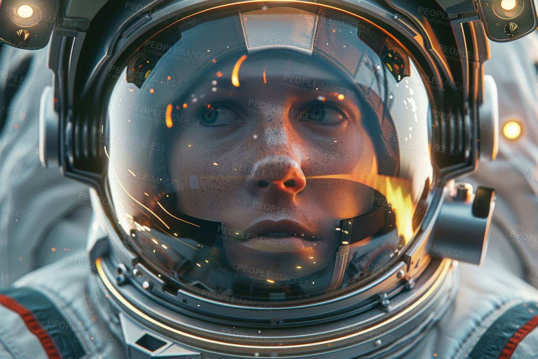 Buy stock photo Space, travel and face of astronaut with helmet, future discovery and scifi universe reflection. Earth, aerospace mission and person thinking in suit for adventure, research or science with courage