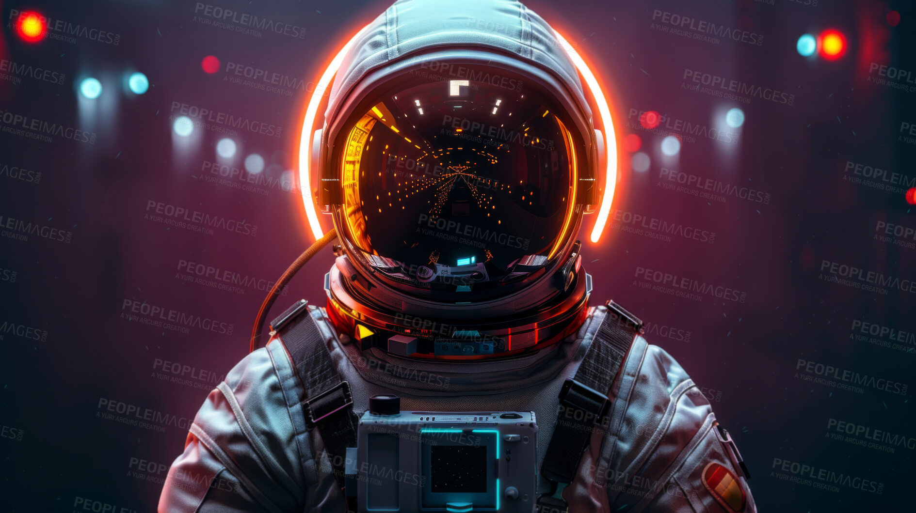 Buy stock photo Space, travel and astronaut with dark helmet, future discovery and sci fi universe technology. Planet, aerospace mission and person in suit for adventure, research or science innovation with courage.