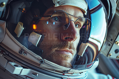 Buy stock photo Space, travel and face of astronaut man with helmet, future discovery and sci fi universe technology. Planet, aerospace mission and person in suit for adventure, research or science with thinking