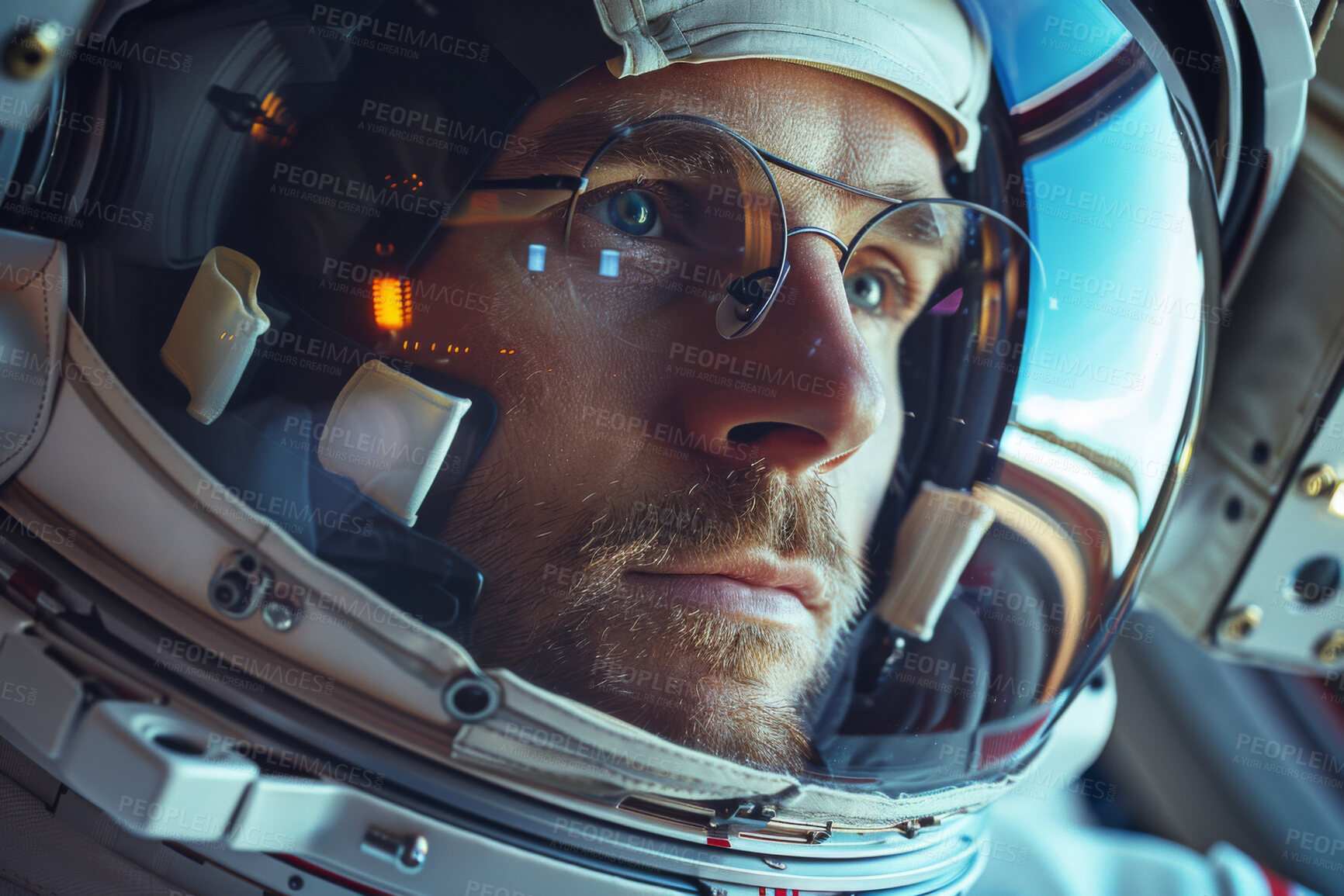 Buy stock photo Space, travel and face of astronaut man with helmet, future discovery and sci fi universe technology. Planet, aerospace mission and person in suit for adventure, research or science with thinking