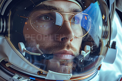 Buy stock photo Space, reflection and astronaut man with helmet, future discovery and sci fi universe. Planet, aerospace mission and person in suit for travel adventure, research or science innovation with thinking