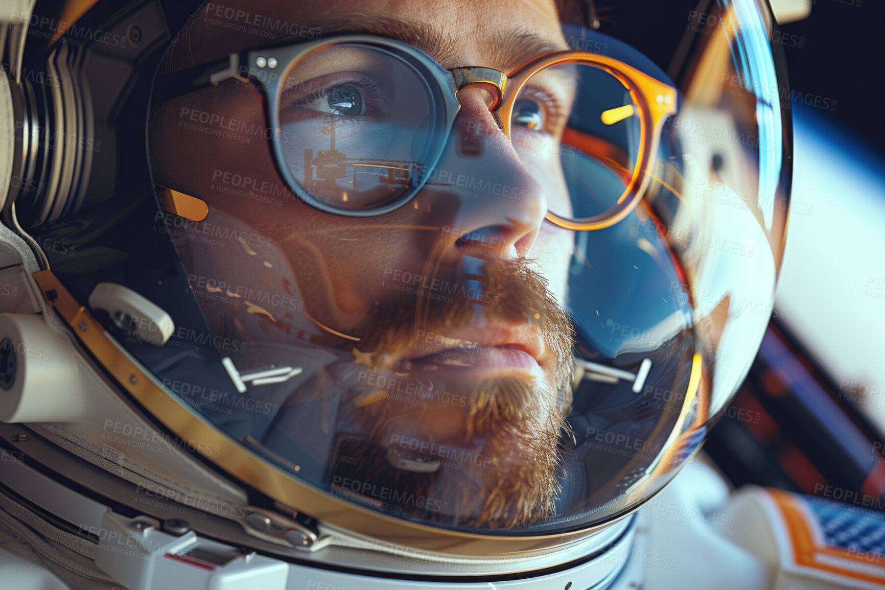Buy stock photo Travel, face and astronaut man with helmet, future discovery and dark sci fi universe in space. Planet, aerospace mission and person in suit for adventure, research or science innovation with courage