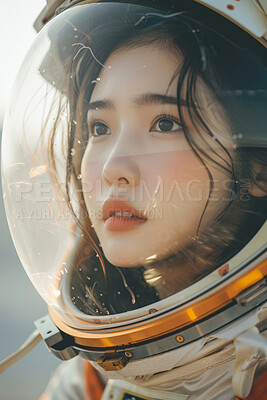 Buy stock photo Astronaut, helmet and asian woman in space suit for mission, galaxy exploration or cosmos research. Nebula, science and taikonaut person for aerospace, planet discovery or universe colonization