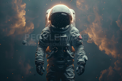 Buy stock photo Helmet, sky and suit with astronaut in space for exploration, future or science research. Galaxy, mission and travel with cosmonaut person in atmosphere spacesuit for discovery of the universe