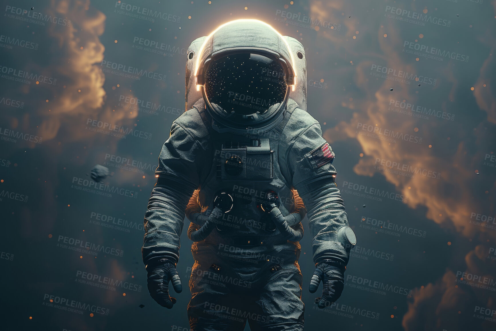 Buy stock photo Helmet, sky and suit with astronaut in space for exploration, future or science research. Galaxy, mission and travel with cosmonaut person in atmosphere spacesuit for discovery of the universe